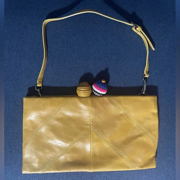 MALIPARMI Mustard Yellow Leather Stitched Ball Clutch Shoulder Bag Purse
